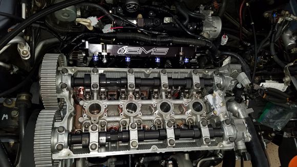 Cam Gears installed and torqued to spec.  FIC 2150cc injectors inserted into manifold with AMS fuel rail.