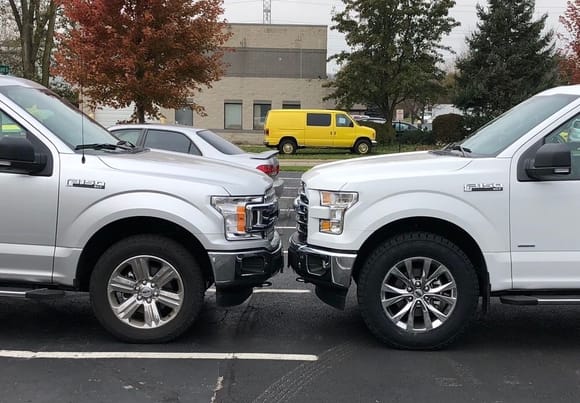 After installing just the nitto tires, with no lift. Giving approx. 1 3/8” of extra ride height, as seen nose to nose with my friends 2018 f150.
