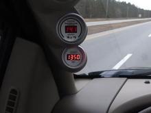 Boost, A/F, EGT, Trans all AutoMeter Ultra-lite series. This pic taken during an extended cruise at 65mph 53degree temps.
