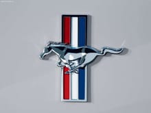 The classic tri-bar running pony logo of the Ford Mustang.