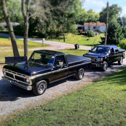 My 1977 F100 Ranger 302 3 speed on the column with my 2012 F150uSupercrew 5.0