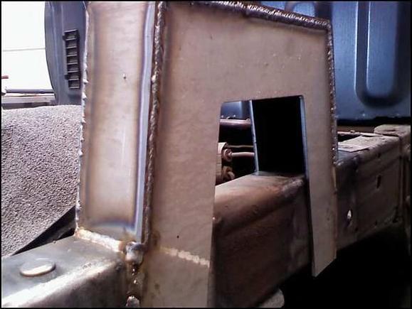 1st you weld on the c notch before you cut into the frame. theres 1 more piece left to put on which is the under neath piece. in this picture, now you can cut the frame and weld the last piece.  so its like the frame never moved.