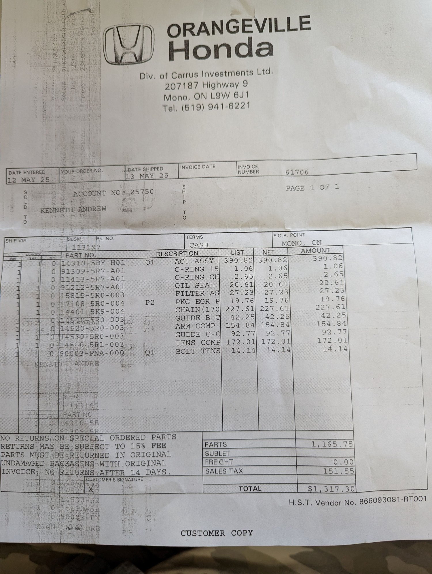 So heres what Honda parts guy said I should have on hand. The intake and Valve cover gaskets are on the second one I had purchased earlier and had on the shelf. One item I definitely didnt need was the last one. The tensioner bolt is where the big curved tensioner guide pivots on. Dont know why they gave me that. Everything else is spot-on for whats needed to do the job right IMHO.