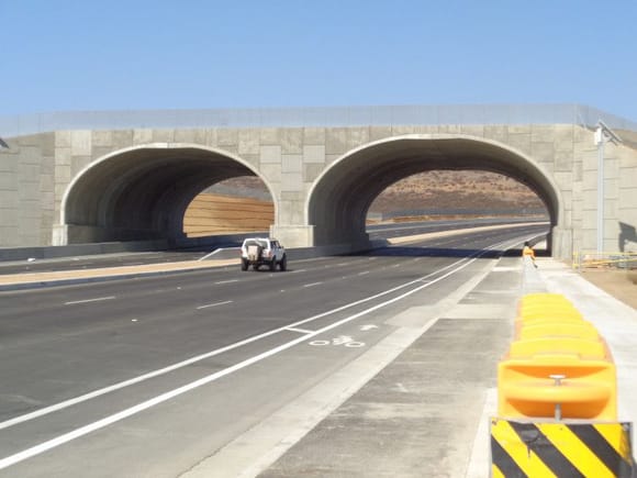 The Clinton Keith Road in Murietta was extended, as seen here in September 2018. The overpass on top is an animal overpass to be used for animals, birds and the Quino checkerspot butterfly. (courtesy photo by Carl Love).
