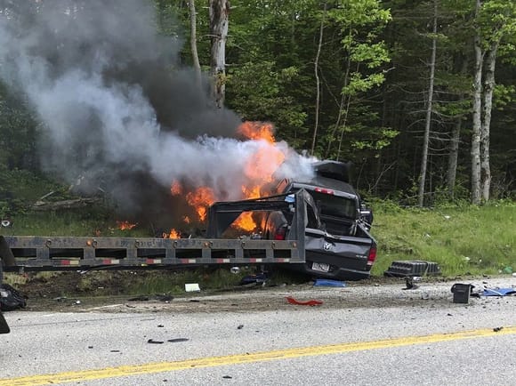 This photo provided by Miranda Thompson shows the scene where several motorcycles and a pickup truck collided on a rural, two-lane highway Friday in Randolph, N.H.