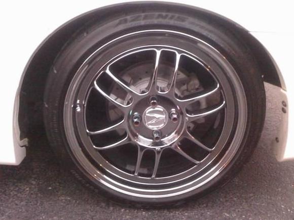 17" Enkei RPF-1 with Falken Azenis before I got Yoko S-Drives.  R1Concepts X-Drilled/Slotted Rotors back there too