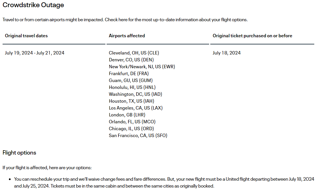 Travel Waiver: Crowdstrike Outage 18 July &ndash;UA/AA/DL Groundstops 