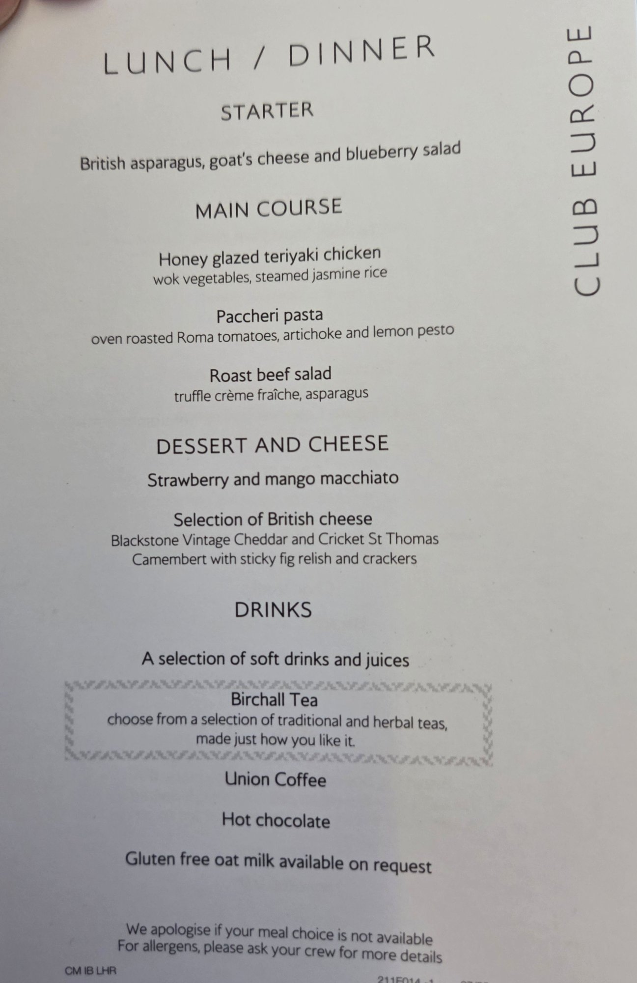 Dinner menu 11 Sep TFS to LHR