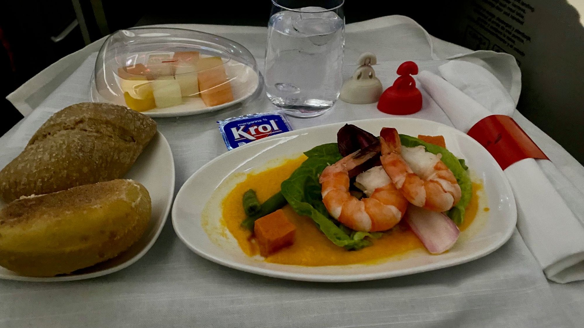 Dinner Starter - Prawn salad with melon cubes (was part of a special MOML meal)