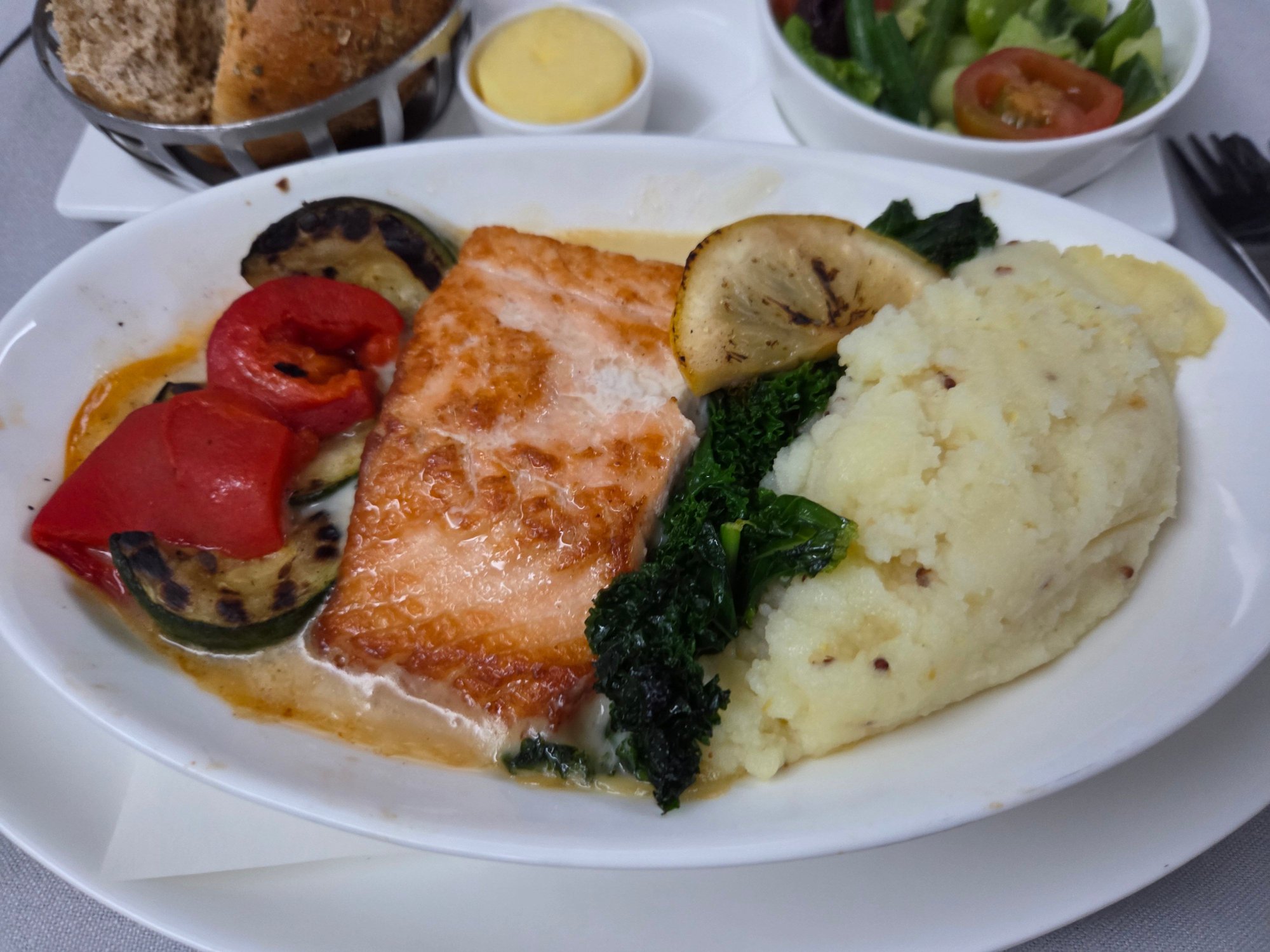 Grilled Scottish Salmon - grainy mustard mash, grilled vegetables, lemon pepper sauce
