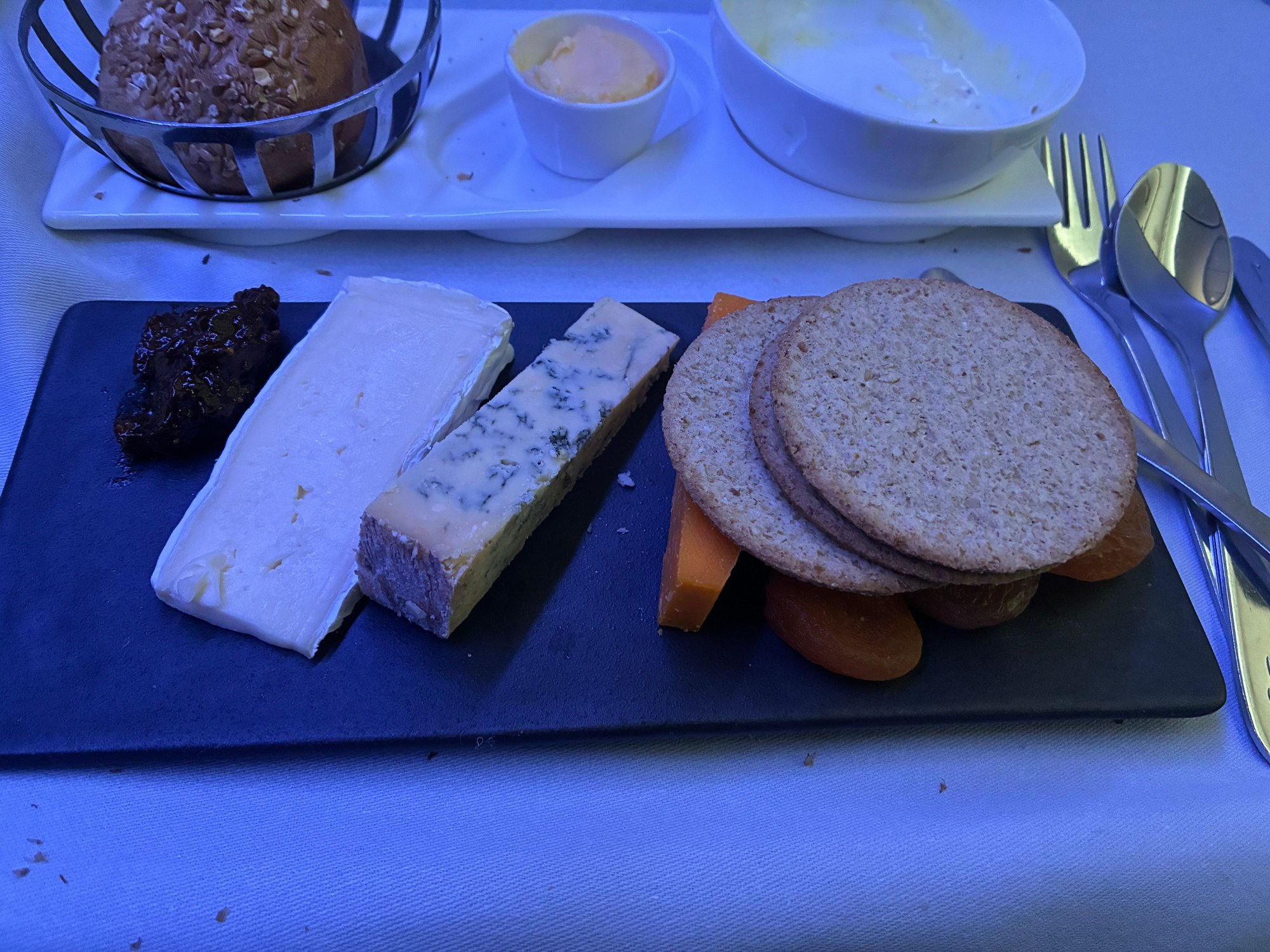 Nice selection of cheeses served correctly.