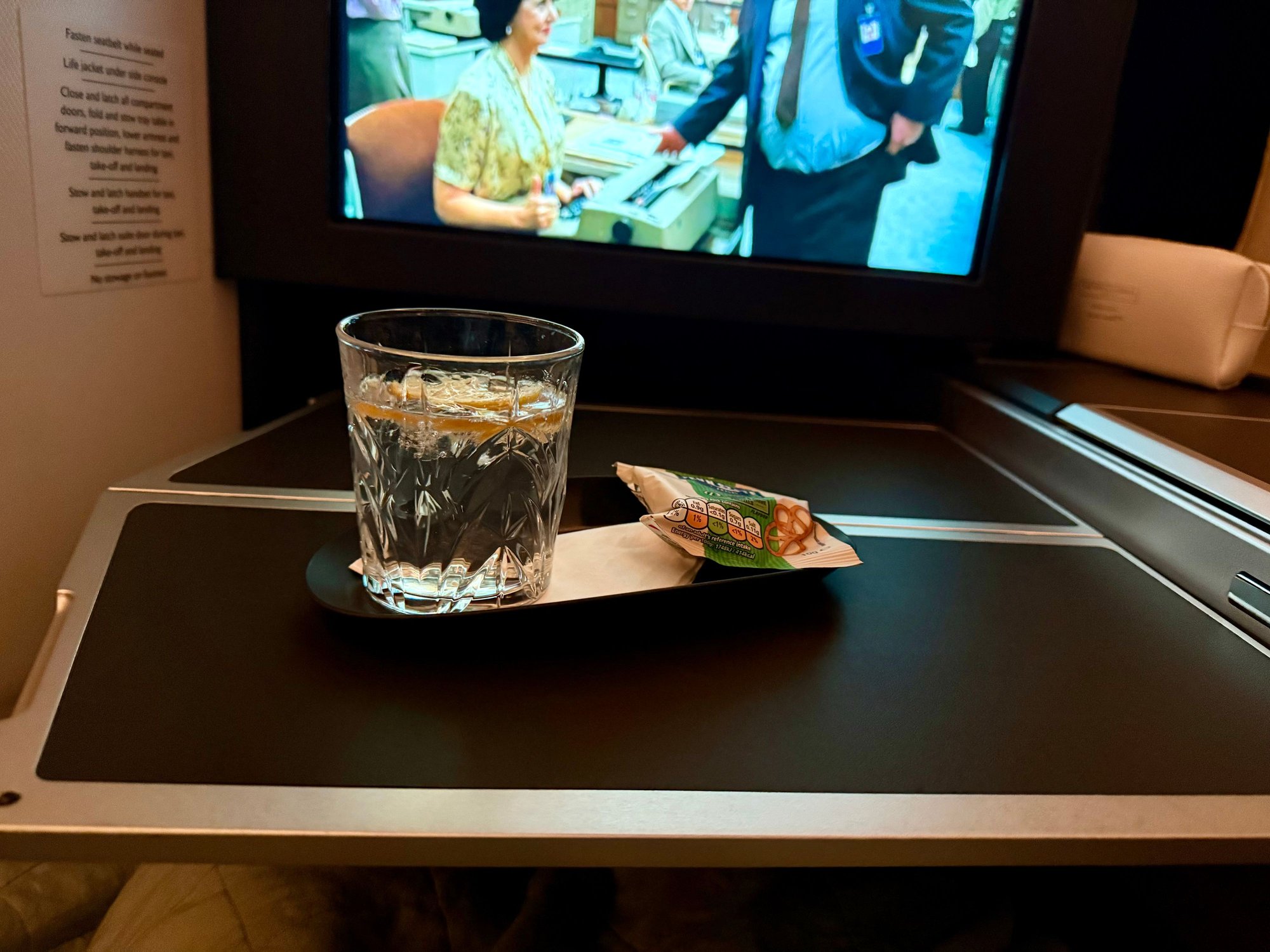 Drink served with mini penn state pretzels�I would�ve thought nuts or some higher end accompaniment would be served