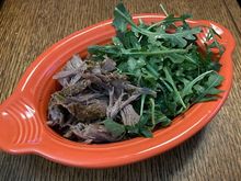 Crock Pot pork roast rubbed with a smoked salt seasoning blend and arugula for dinner tonight. 