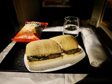 ZRH-AUH served right before landing: Roast beef sandwich with potato and turnip, was also good! Too much bread so I took the top side off. 