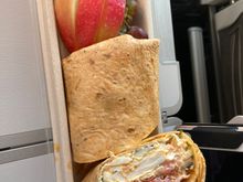 Egg salad breakfast wrap. Looking forward to warmed meals one day soon. 