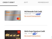 Screenshot of Samsung Pay NFC wallet cards
