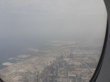 View of downtown Dubai after take off on BA104 DXB-LHR on 5th March ( upper deck A380 seat 51k) .Took off on 12R then did a 180 turn to start the flight back to London