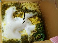 My to go lunch from this Indian fusion food place - Chutney's - was not bad at all. Here we have some fried rice with palak paneer (spinach and Indian milk based "tofu") topped with some yogurt and chillies (for extra spice, as desired)