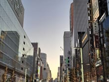 Chuo-dori ( main shopping street in Ginza on Sunday afternoon). Closed to traffic from 1200-1700 on sundays)-great to walk the street as the lights come on)