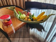 Fruit bowl (replaced daily) and a jar of dried fruit and nut mix