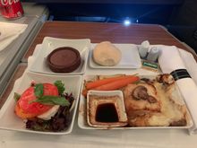 Dinner 20mar 21 Mia lax  sea bass very delicious wish I had a bigger piece, didn’t care for the goat cheese. Cabin crew lax based were awesome periodically walked the cabin