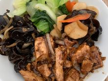 Spicy black bean sauce tofu, wood ear mushroom, and bok choy for lunch. 