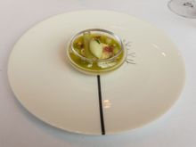 Fois gras (on the bottom layer, albeit as more a mousse/pate), topped with apple, walnut, and smoked eel). As far as taste goes, this was one of my favorite dishes.