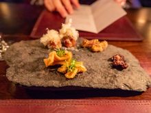 Snacks, course #2. Veggies include rutabaga, celeriac, and radish & carrot. Continued the generous champagne pour from the first snacks course.
