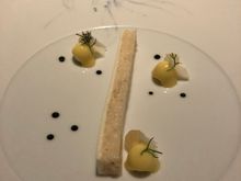 Dungess crab terrine with black sesame and ginger...incredibly fine texture on the crab here