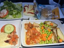 The BBQ chicken was pretty meh.  That's hummus in the lower left of the tray, but with no butter and no proper pita bread, I dipped my lackluster roll in it.  I should've rolled the dice with the AVML and may do it when I take this flight in February if I don't like the options.