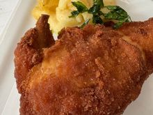 Viennese Backhendl with truffle mashed potatoes.  Tasty but could have used a green vegetable.  