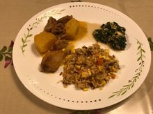 Spicy beef fried , fried fish ( tenggirri ) , pork curry and vegetable ( wolf berry leaves ? ) with egg