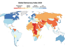 World map of democracy ratings as of early 2021 by the EIU