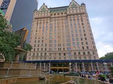 Looking across the fountain in front of the hotel toward the main entrance