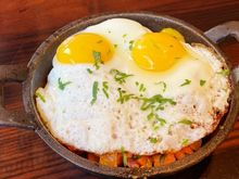 Sweet Potato Hash - bacon, onions, sweet peppers, sunny side up eggs