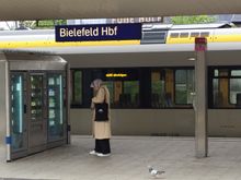 On the platform at Bielefeld station - it would appear that the city of Bielefeld really does exist!