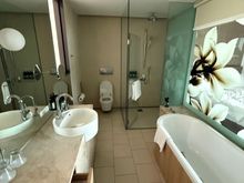 No hot water in sink, otherwise bathroom was nice. Note toiletries at bottom left.