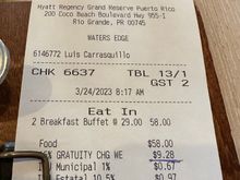 Breakfast Buffet Each Morning. 16% gratuity included in restaurants, but always highlighted and pointed out. Market had a 10% gratuity as well.