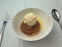 The Tarte Tatin was quite tough, but well worth the effort to break it apart. The ice cream always nice on a plane in my view (looking at you American!)