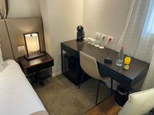 small desk and fridge