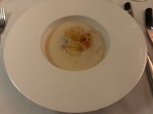 Jerusalem artichoke soup. Exact same as what is being served in AA F, however the presentation is light years better. 