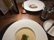 Potatoes leek soup and a beef appetizer.  Both very good 
