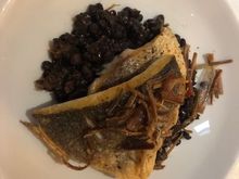 Seabass with just a drizzle of lemon juice - much better but lentils quite bland and "Mediterranean vegetables" just a few bits of pepper and aubergine lost in them...