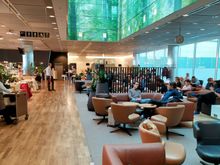 The Business class lounge in Munich airport is designed like a beer garten, with plenty of natural light flowing into the space 
