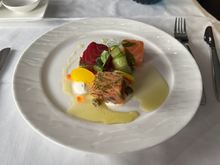 Dill marinated salmon roulade with lemon labneh.