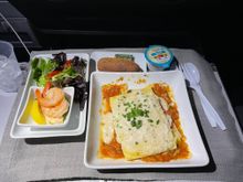 Option was beef of pasta. I asked what looked better and was told that the beef did not look very appetizing so I went with the pasta. Overall, food was very good after cold turkey or mozzarella sandwiches. Shrimp was crisp, thousand island type sauce with lemon was a nice touch. Salad with ranch was fine. Bread was warm but rock hard. Entre was nice and hot! Pasta was slightly softer then al dente, but the cause was good; I devoured it after a long day and Wawa for lunch.