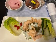 Band 3 lunch: gazpacho mousse, poached salmon (temporary substitution for sea trout) with Jersey Royal potato and pea salad, raspberry and lemon cheesecake