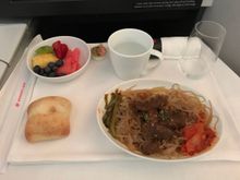 So I had set my seat controls for the FA to wake me up for Breakfast. 
The Mrs. had the Spicy Korean beef, yam noodles which tasted alright.....as long as she is kept fed....I don't really care at this point....