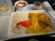 Chickpea and sweet potato curry with coconut rice, tomato and mozzarella salad, chocolate mousse