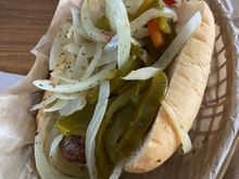 Italian sausage with onions, mustard and sweet peppers